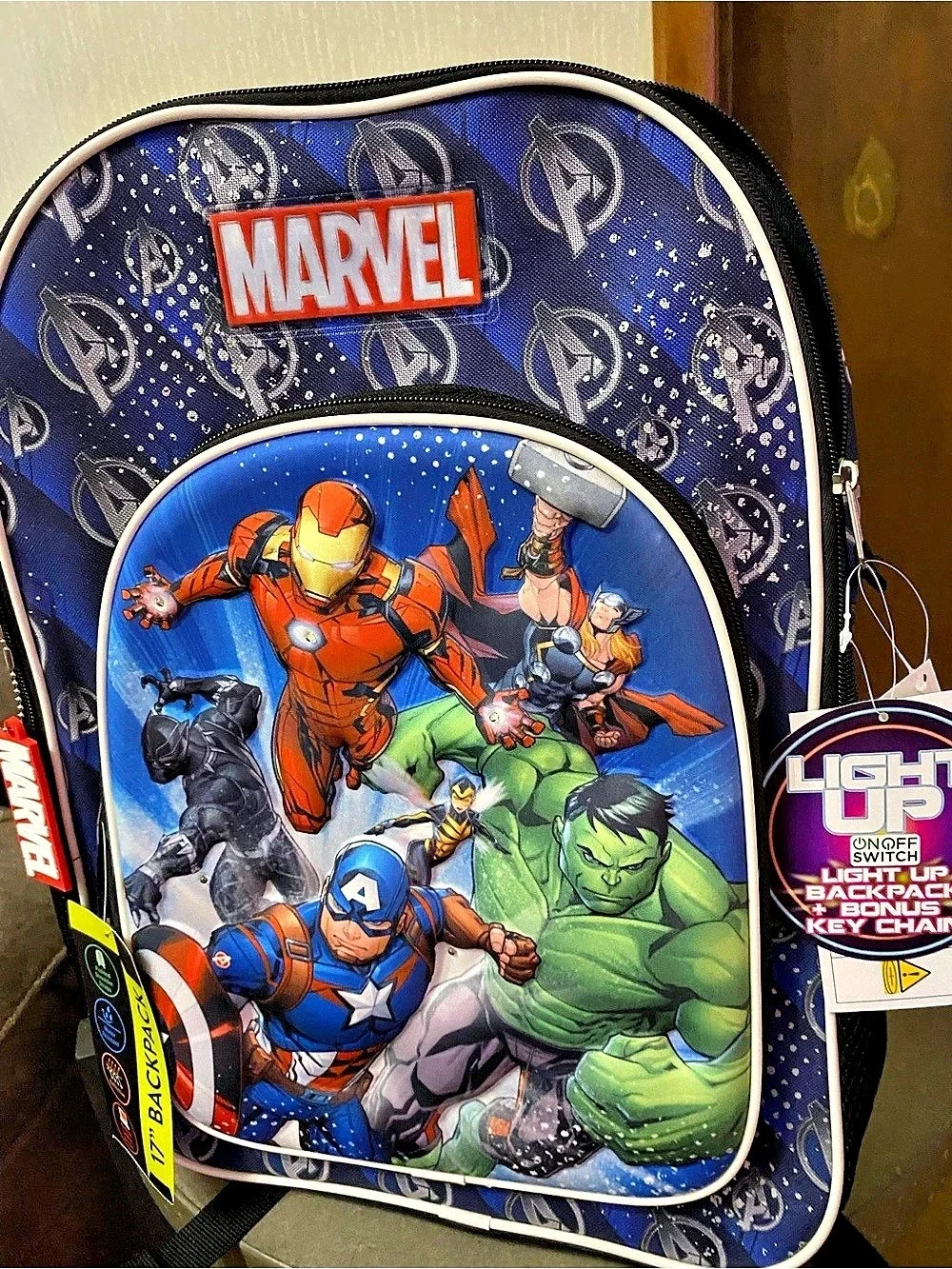 Marvel 17-inch Light up Backpack Blue, Black and Grey NWT
